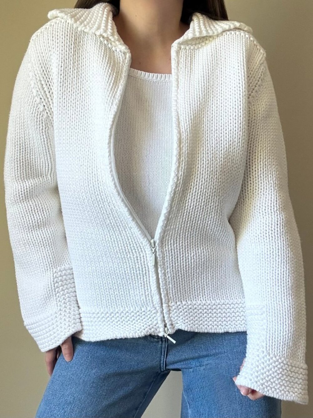 Chunky Knit 100% Cotton Zip-Up Cardigan Sweater in Cloud